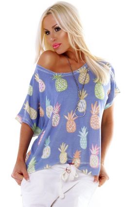 Dámská letní oversized tunika tričko s potiskem "Ananas" - modrá