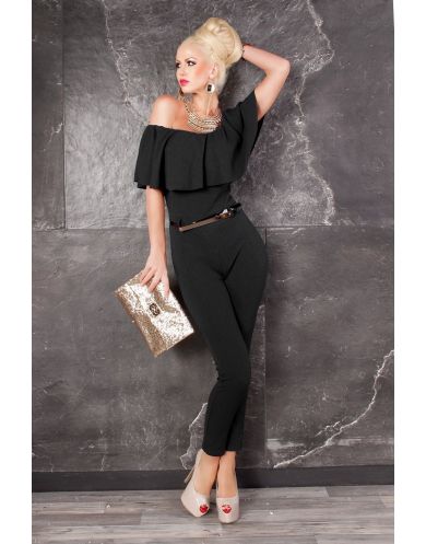 Stylový sexy dámský dlouhý kalhotový overal s páskem "Carmen" - černá