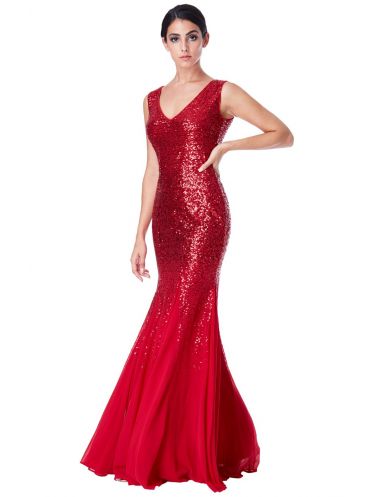 Dlouhé maxi luxusní společenské flitrované šaty - červená