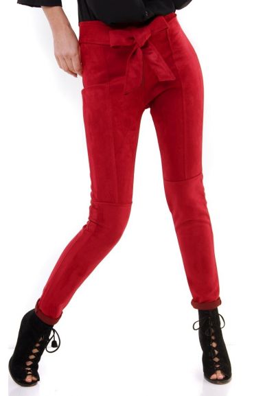 Dámské zimní semišové elastické kyčelní kalhoty - červená