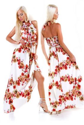 Dámské dlouhé letní Maxi šaty s květinovým potiskem -bílá